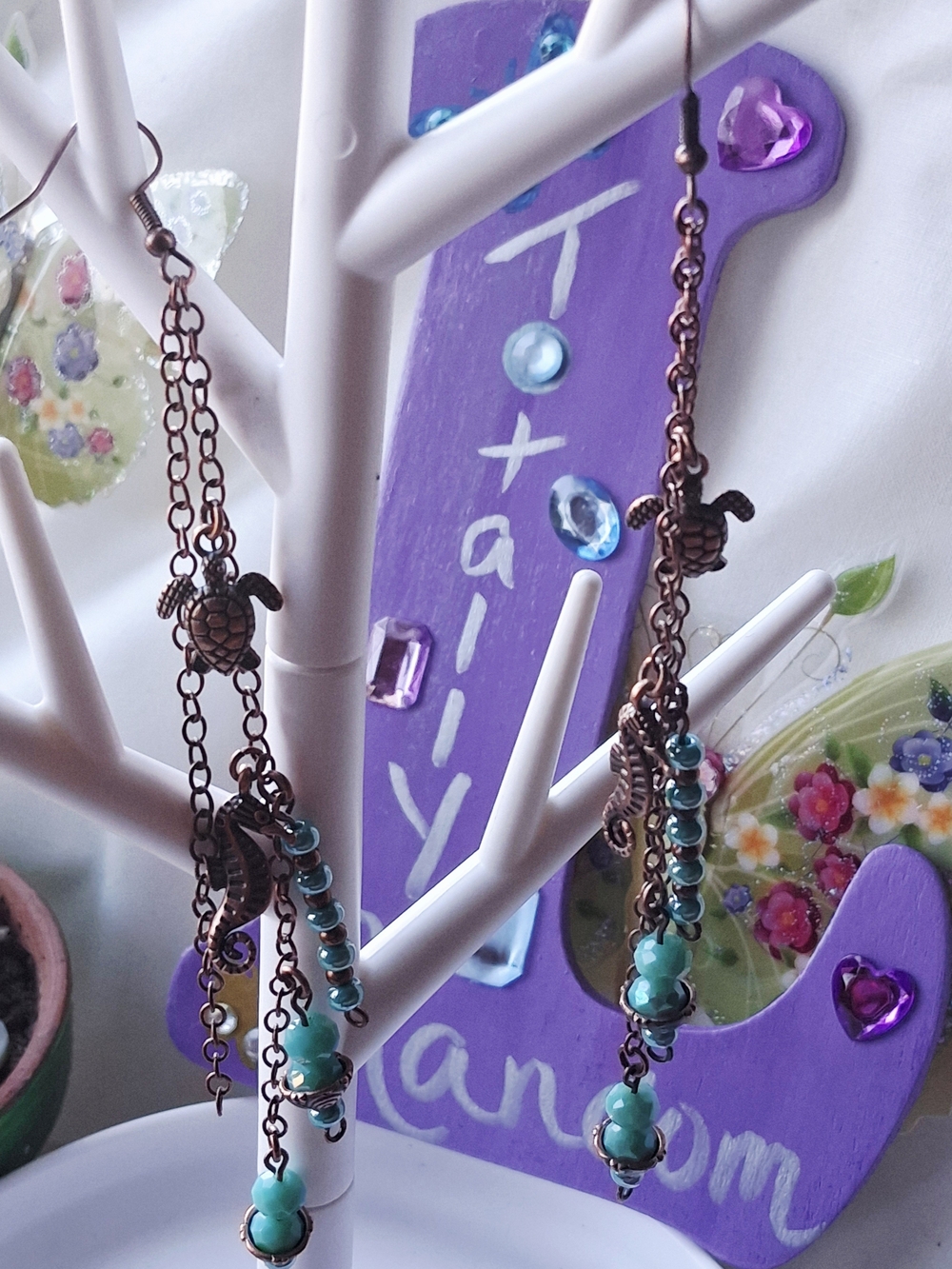 Turquoise Bead Dangle Earrings with Turtle Ans Seahorse Charms